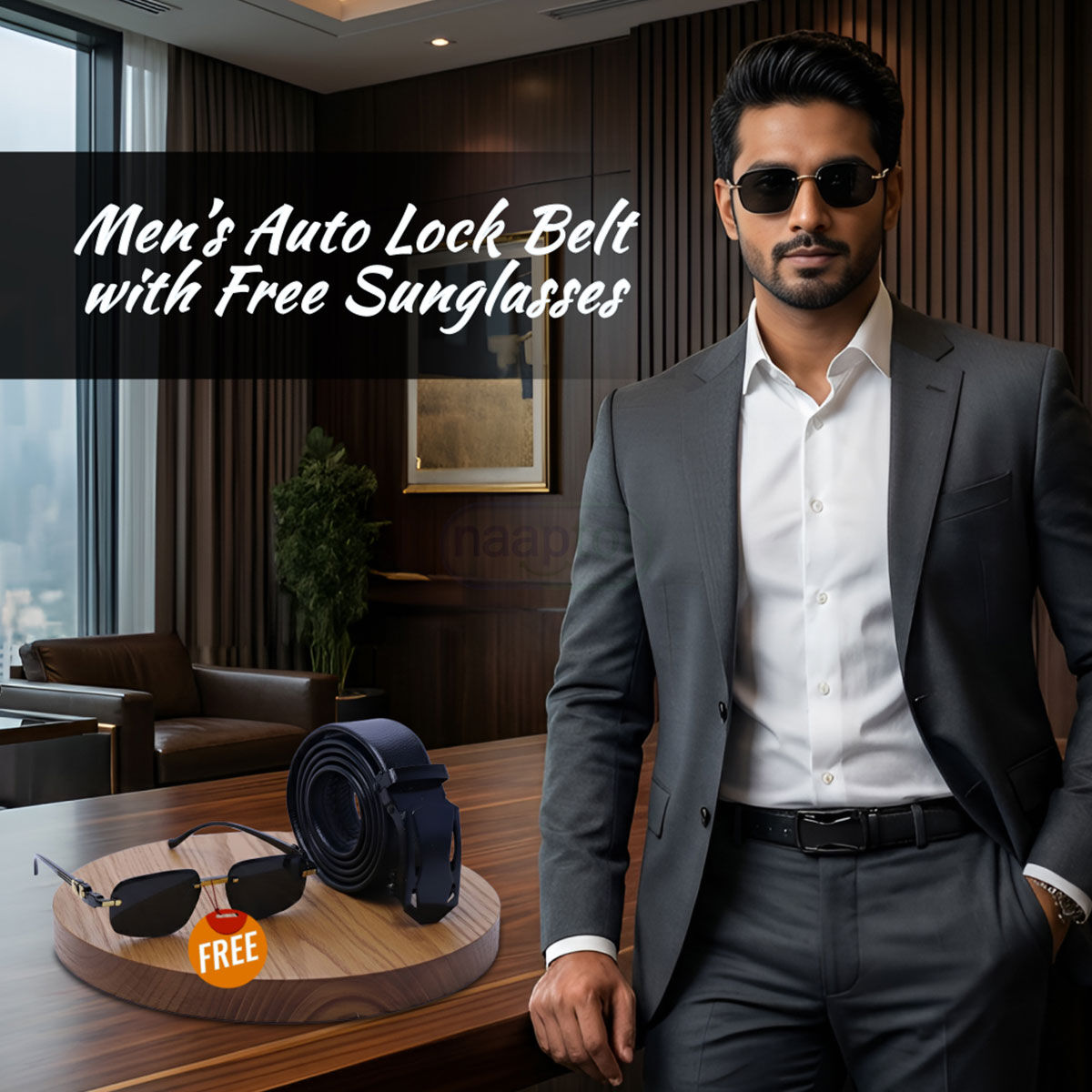 Men’s Auto Lock Belt with Free Sunglasses Combo | Adjustable No-Hole Belt, Stylish Buckle & UV Protection Shades