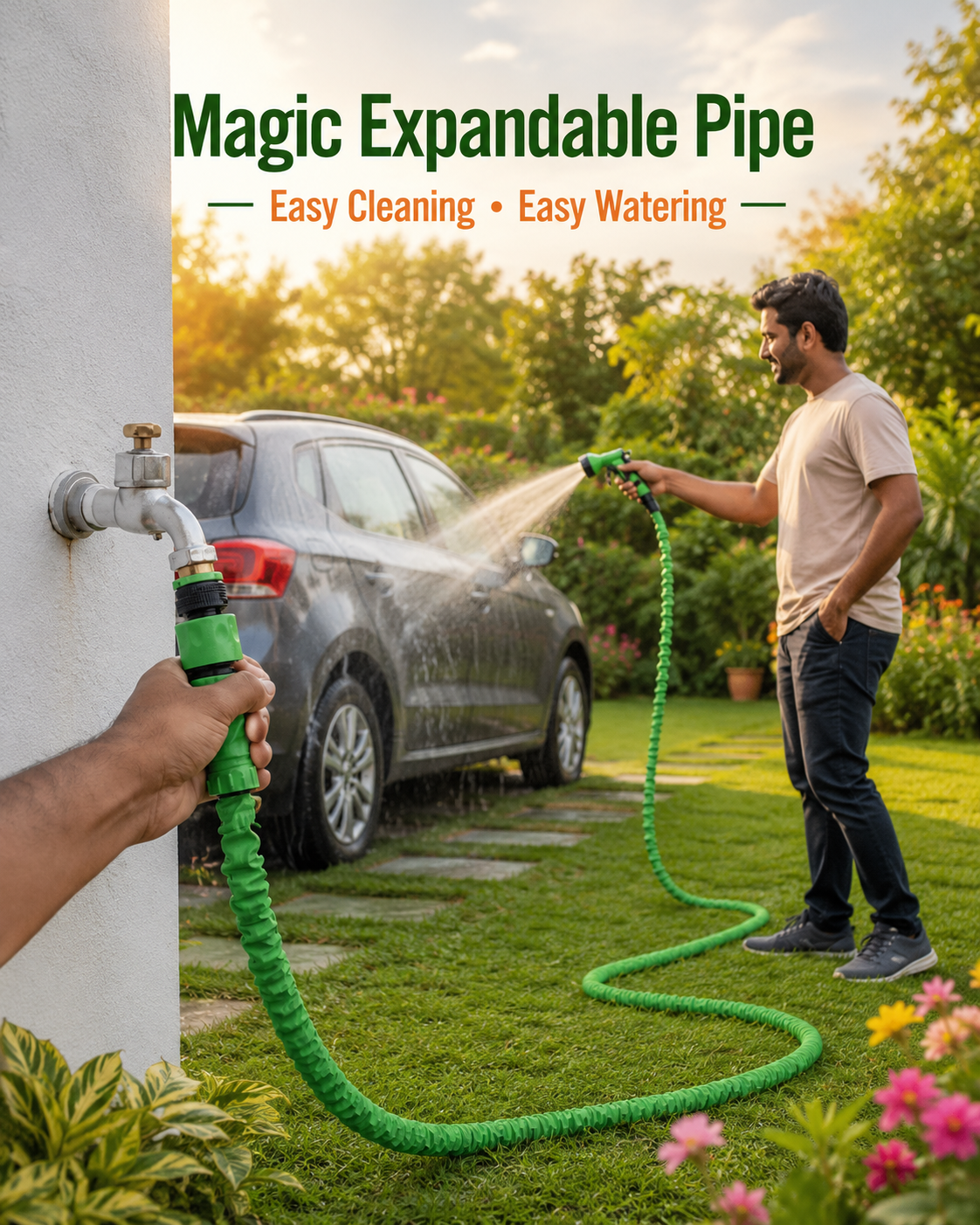 HydroFlex™ Magic Expandable Water Hose with 7-Mode Spray Gun | Lightweight Garden & Car Wash Pipe | Kink-Free Expandable Hose